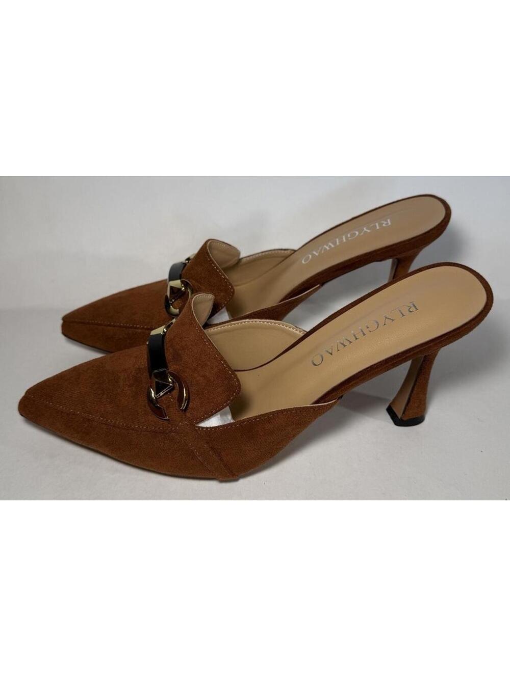 RLYGHWAO Pointed Closed Toe High Heel Mules Brown Suede